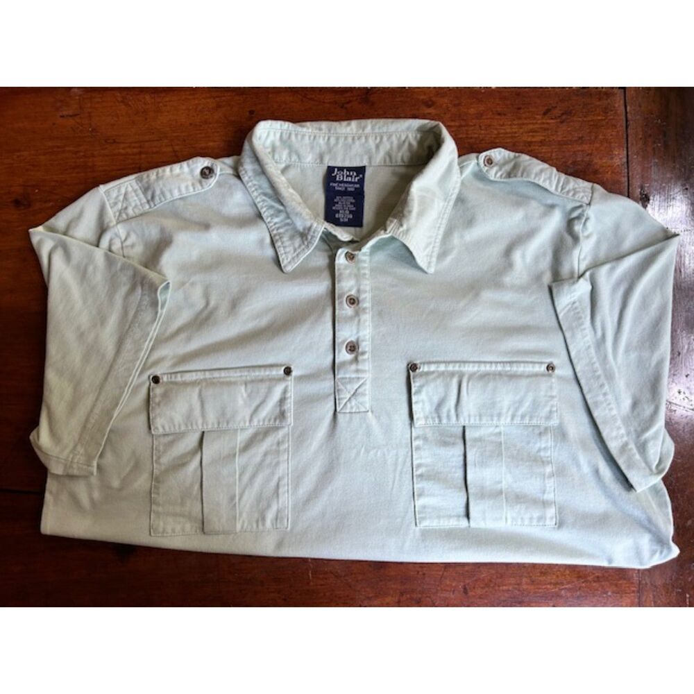 Vintage John Blair Safari Polo Shirt XL Light Sage Green Banded Bottom Epaulets